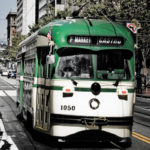 A San Francisco, California, streetcar plies F Street, near the Embarcadero. Photo by danishdynamite.